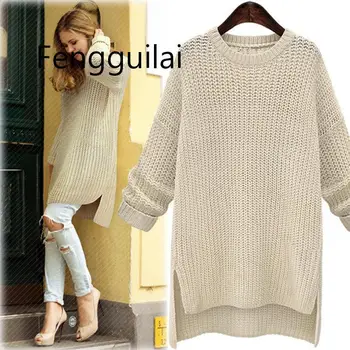 

2020 Winter Midi Long Thick Sweaters For Women New Irregular O-Neck Cute Solid Knitted Pullovers Girls Lady Casual Split Sweater
