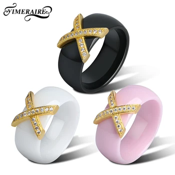 

8mm Wide Black White Pink Ceramic Ring With Copper And Bling Crystals Gold Cross Shape For Women Engagement Rings Jewelry Gifts