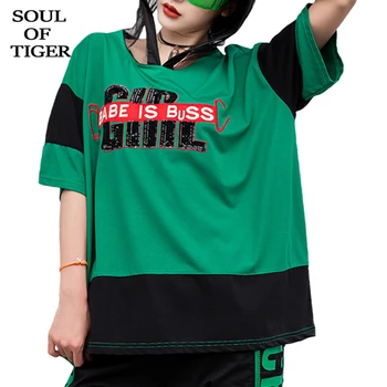 

SOUL OF TIGER 2020 Summer New Korean Fashion Ladies Sequins Hooded Tee Shirt Women Printed T-shirts Female Loose Tops Plus Size