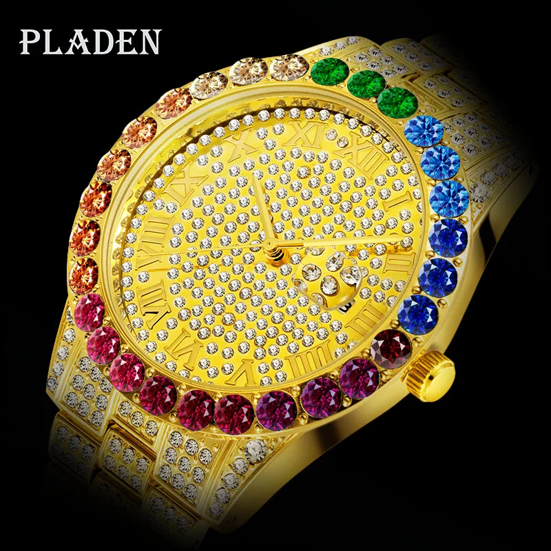 

Dropshipping PLADEN Datejust Roman Numeral Watch 18K Yellow Gold Plated Rolexable_watch men Rainbow Diamond Quartz Wristwatch