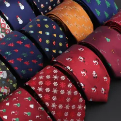 Red Blue Printed Christmas Tie 7cm Novelty Xmas Tree Elk Pattern Ties Santa Claus Snowflake Slim Necktie For Festival Theme Gift