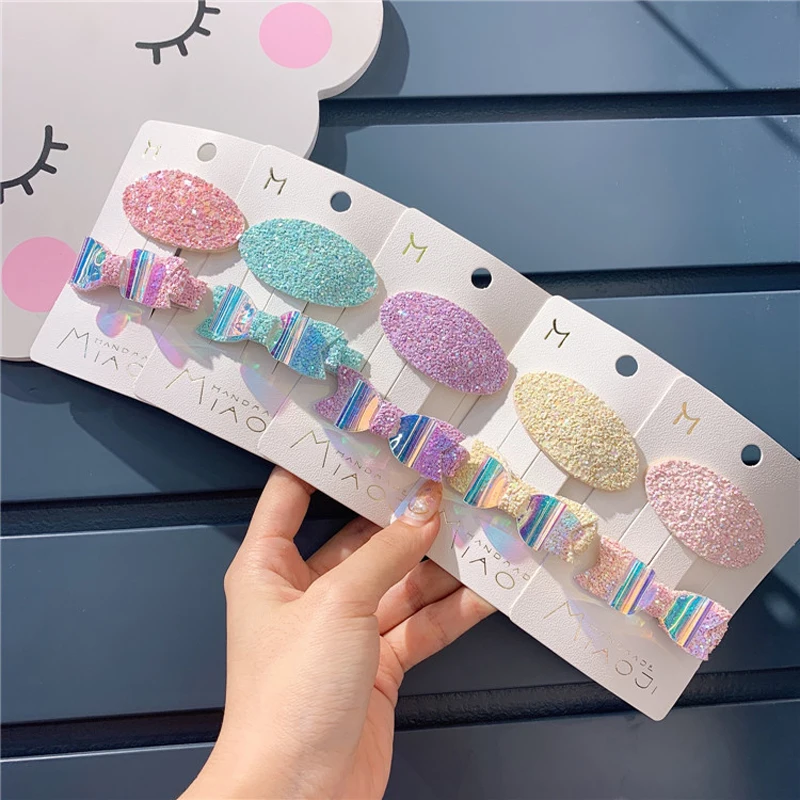 

2Pcs New Children Hair Accessories Candy Color Hair Clips Oval Geometric Hairpins Bowknot Sequins Barrettes Girls Headwear Set