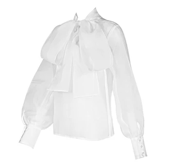 

Women Ladies Long Sleeve Office Chiffon Blouse Shirt Solid White Top Lace Up Bow