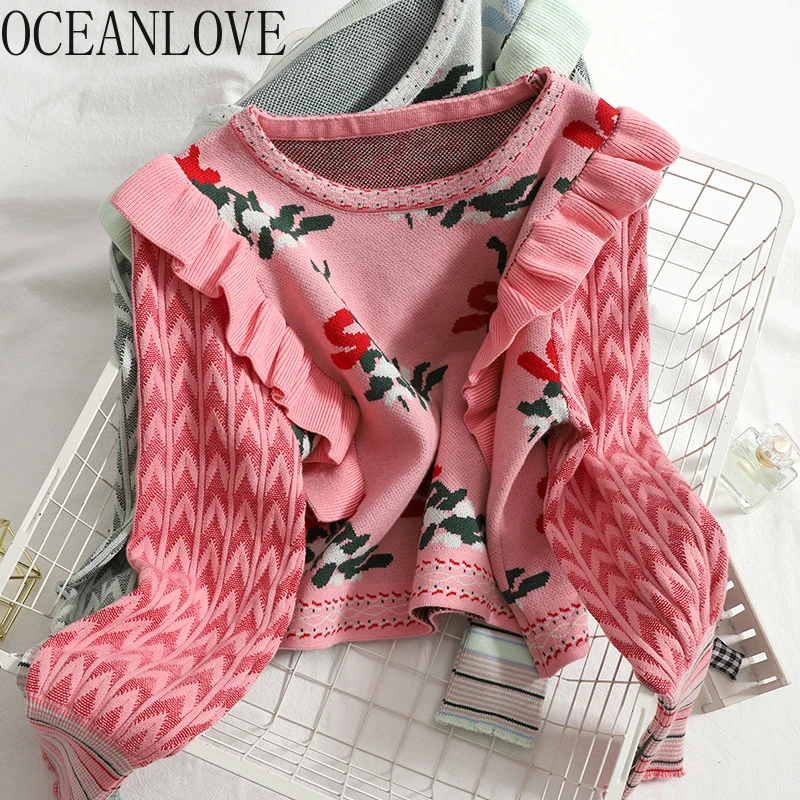 OCEANLOVE милые Свитера Женские винтажные цветочные оборки Juper Pull Femme осенняя одежда