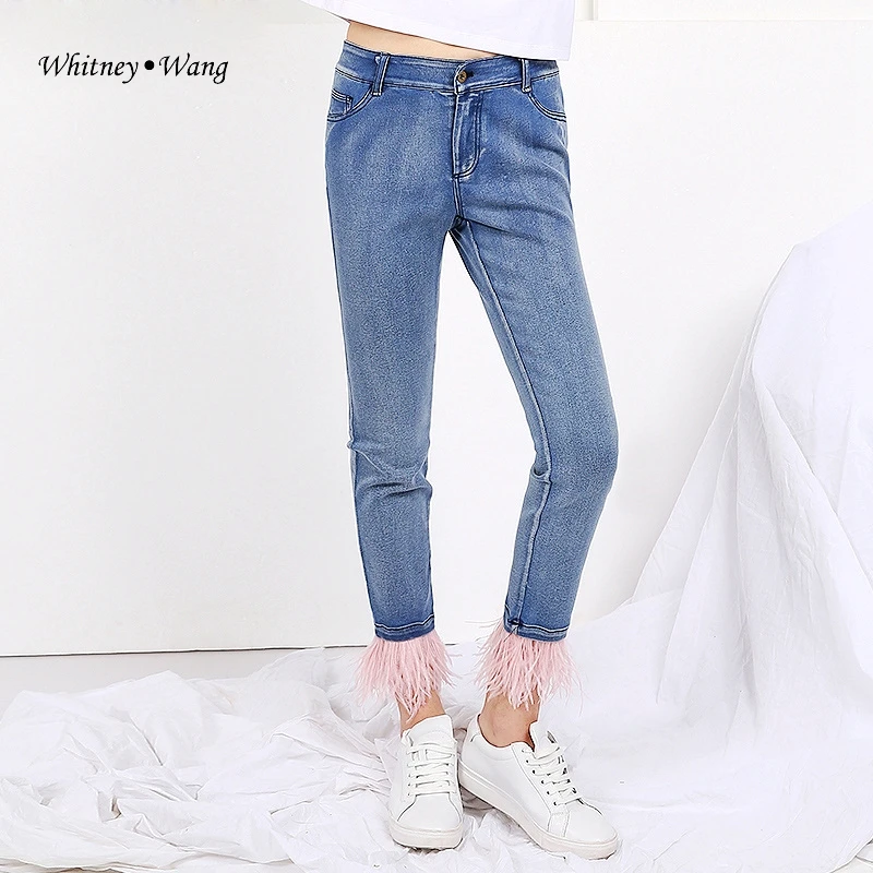 Женские джинсы в стиле пэчворк WHITNEY WANG уличные с плотными перьями брюки размера