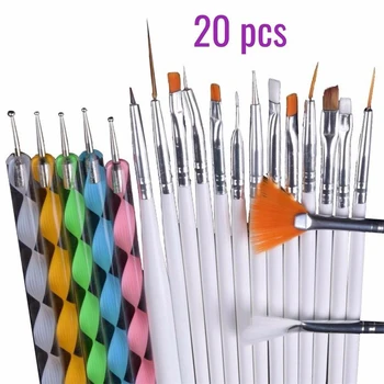 

20Pcs Nail Art Brush Liner Dotting Fan Design Acrylic Builder Flat Crystal Painting Drawing Carving Pen UV Gel Manicure Tool Set