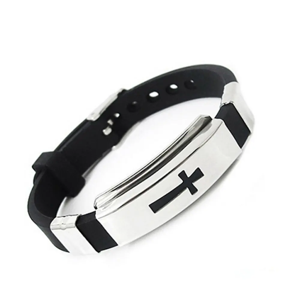 

New Black Silicone Bracelet Jesus Cross Wristband Charms Men Silver Color Cuff Bracelet Jewelry Valentine for Ladies Boys 2019