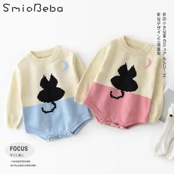 

Fall 2019 New Baby Sweater Girls Rompers Cats Pattern Boy Harvest Stitching Kitten Long Sleeve Triangular Climbing Jumpsuit Suit