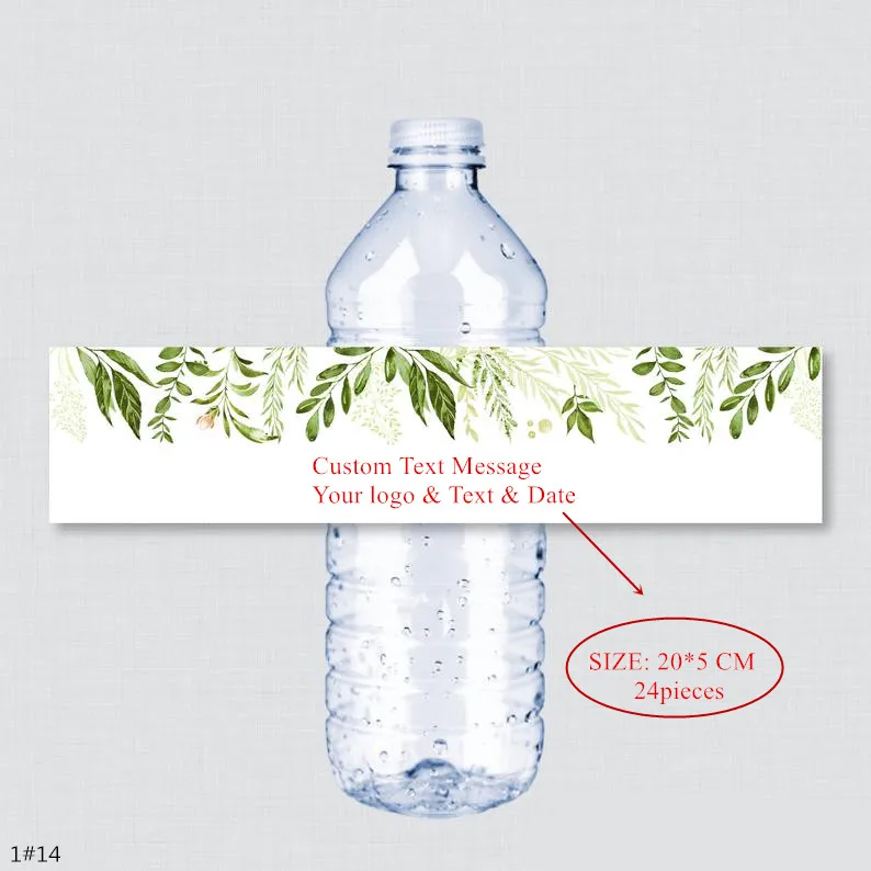 Custom name Wedding Water Bottle Labels Girl birthday Party Green leaf Custom Water Bottle Labels Wedding decoration 24PCS