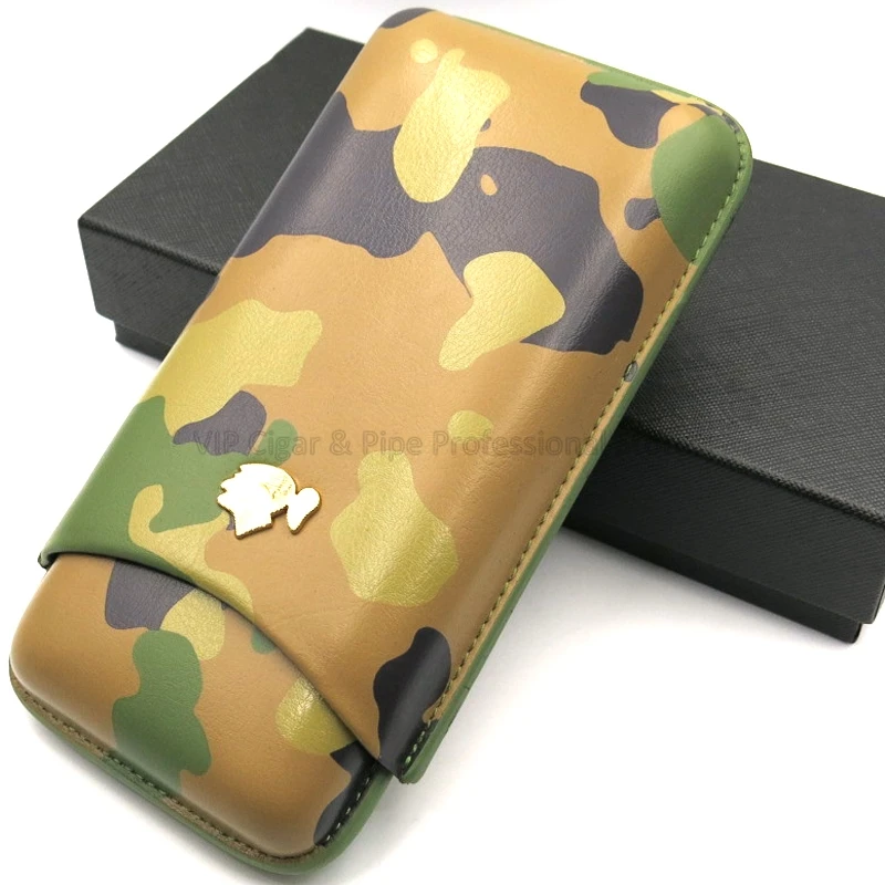 COHIBA Genuine Leather Gadgets Camouflage Cowhide 3 Tube Cigar Case Humidor Holder With Gift Box Fashion Outdoor Style |