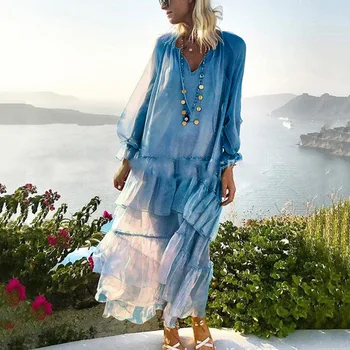 

2020 Auricularia Auricularia Edge Splicing Vacation Beach Long Skirt V Collar Long Sleeve Dress Female Build Sling