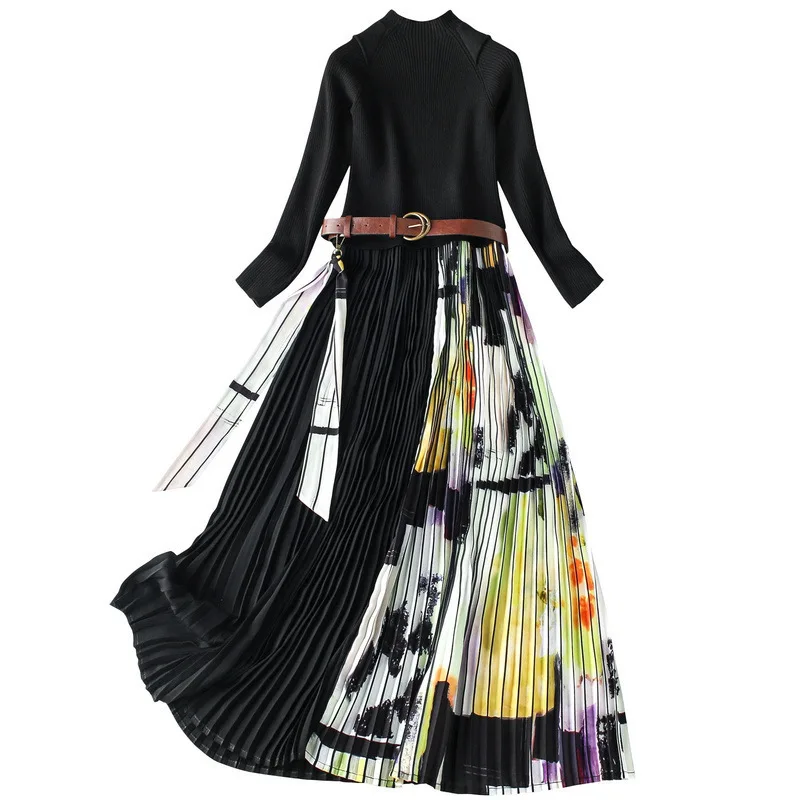 Women autumn winter dress long sleeve knitted sweater dress belt patchwork geometric print midi pleated dresses black