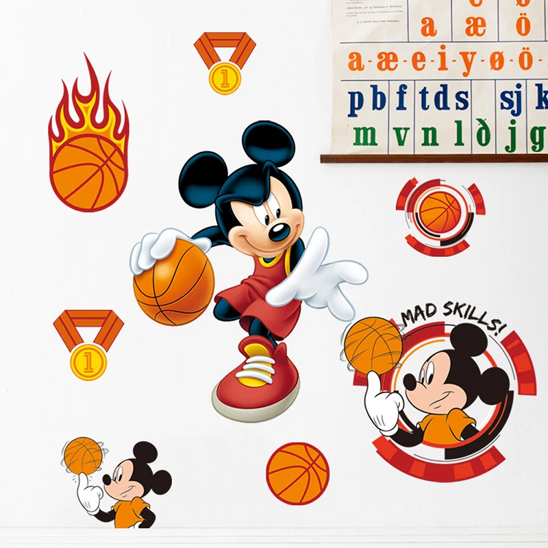 Cartoon Disney Mickey Play Basketball Wall Stickers For Nursery Kids Room Home Decor Bedroom Wall Decals PVC Mural Art Wallpaper