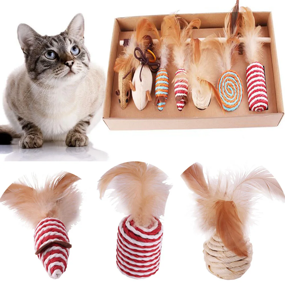 7PCS/Set Funny Cat Stick Set Pet Cats Interactive Play Toy Simulation Mouse Molar Feather Pet Supplies Gift for Cat