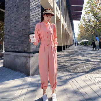 

Autumn Spring Women Long Sleeve Solid Color Stand Collar Jumpsuits Female Streetwear Hip Hop Harem Cargo Pants Sashe Overalls