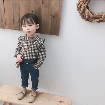 

2020 Spring Summer New Girls Shirts Peter pan Collar Cute Plaid Long Sleeve Blouses Top Baby Girl Clothes E20301