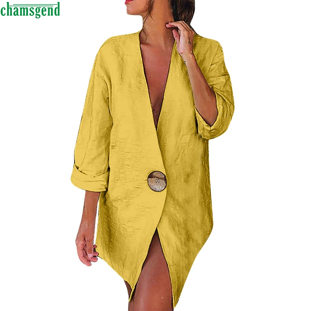 

Chamsgend Women's Brief Chic Linen Blazer Solid Button V-neck Suit Coat Office Lady Work Style Cardigan Loose Tops Traje De Lino