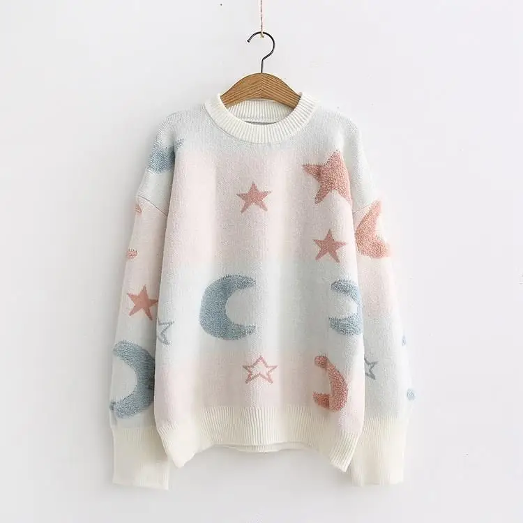 

Women Warm Round Neck Star Print Sweaters Sweet Long Sleeve Knitted Pullover Sweater Winter Clothing Loose Sweaters