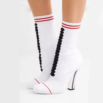 

Short Socks Boots Women New Stripe Thick Heel Shoes Woman 2019 Mixed Colors Round Toe High Heels Classic Knitting Ladies Shoes