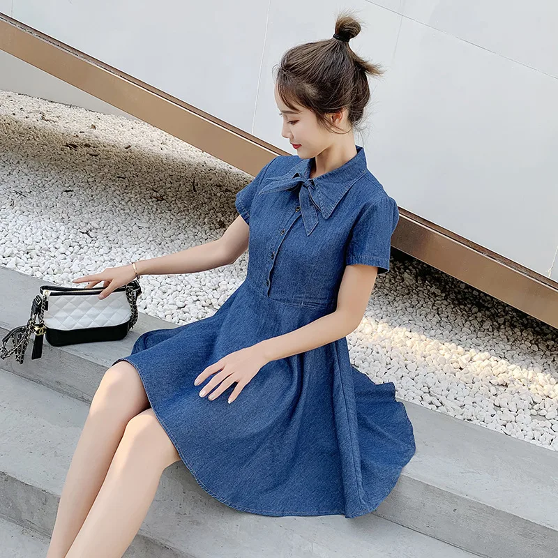 

Computer Cable Lock 2019 Summer Shirt Collar Loose-Fit Short Sleeve Mid-length Cowboy Skirt Single Breasted A- line Skirt Women'