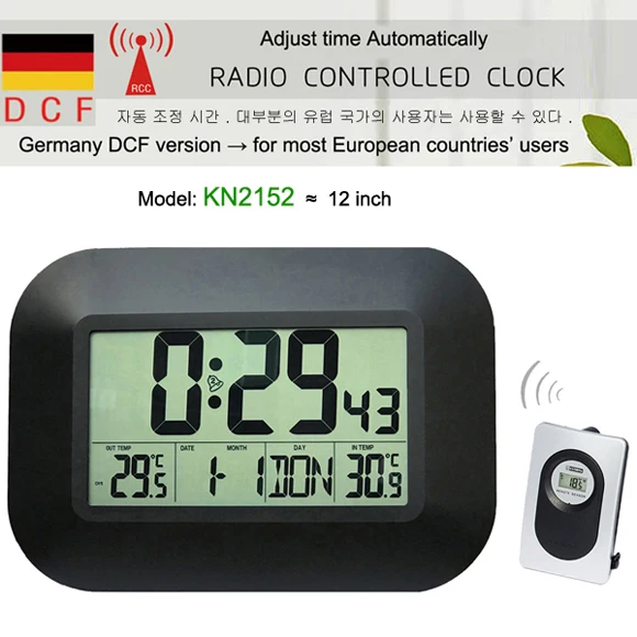 Декоративный цифровой настенный будильник, настольный календарь, термометр температуры, гигрометр, радиоуправляемые часы - Цвет: KN2152 Black - DCF