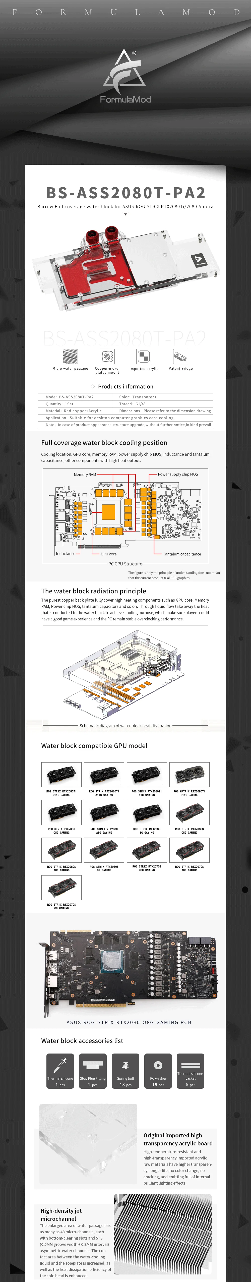 Barrow Full Coverage Graphics Card Water Cooling Block, For ASUS STRIX RTX2080Ti O11G/A11G,RTX2080/2080S/2070S, BS-ASS2080T-PA2  