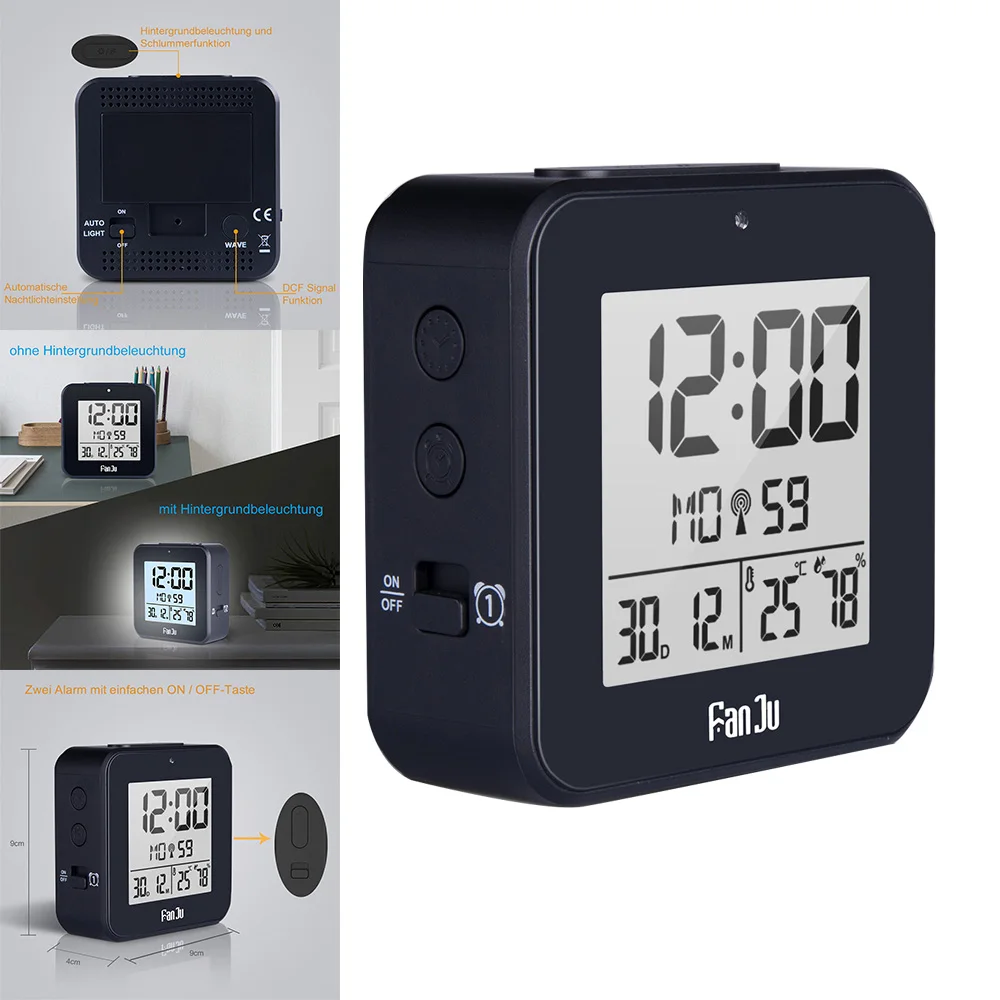 

Alarm Clock Digital LED Electronic Desktop Watch Time Thermometer Humidity Snooze Calendar Table DCF Radio Clocks