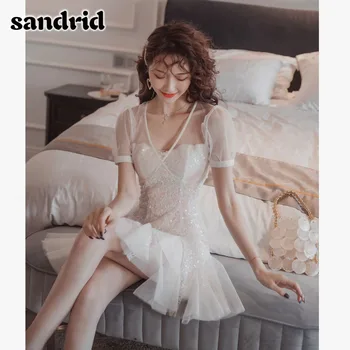 

sandrid summer women dress Sexy evening sequin dress V-neck sequined short-sleeve tulle elegant party ladies formal wear