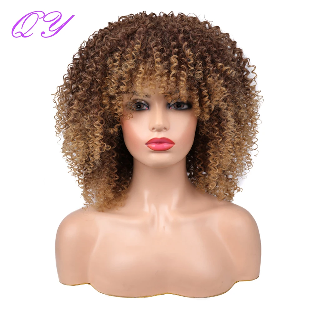 14''Short Hair Afro Kinky Curly Synthetic Wigs With Bangs Ombre Brown For Black Women Cosplay Or Daily Heat Resistant Ladies Wig 14 short hair afro kinky curly synthetic wigs with bangs ombre brown for black women cosplay or daily heat resistant ladies wig