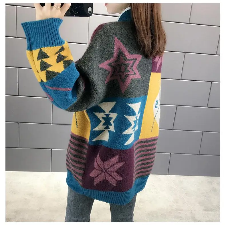 Новая зимняя женская одежда свободный Рождественский свитер женский v-образный вырез геометрический вязаный кардиган