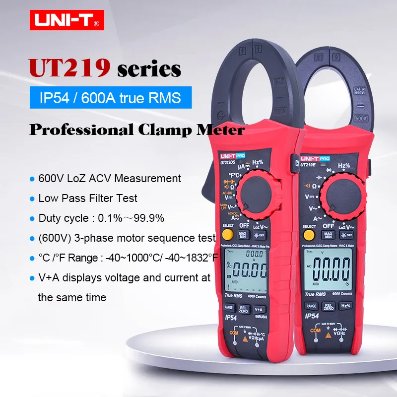 

Industrial Digital Clamp Meter UNI-T UT219E UT219M UT219DS;True RMS AC DC voltage current Ohm Diode Tester;IP54/LoZ ACV