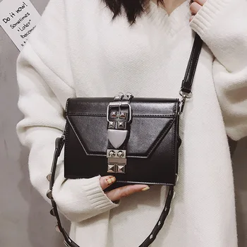 

Casual Solid Handbags Women Shoulder Bags Pu Leather Rivet Belt Crossbody Bags For Women Vintage Lock Small Flap Purse Girls New