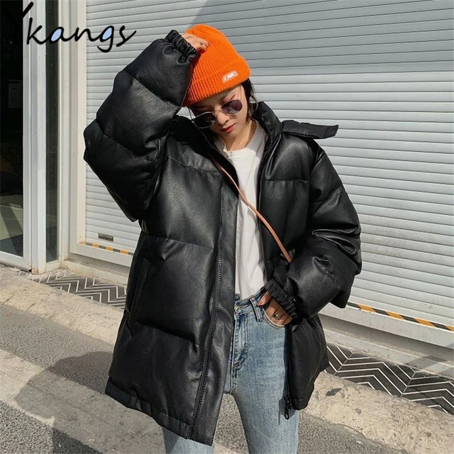 Ailegogo-Parkas cortas gruesas y cálidas para mujer, abrigos de cuero PU  negro, chaquetas elegantes de algodón con cremallera, moda femenina,  Invierno - AliExpress