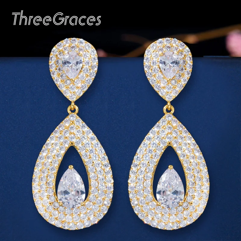 Серьги ThreeGraces элегантные серьги с желтым золотом и кубическим цирконием большие