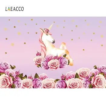 

Laeacco Cartoon Unicorn Flowers Pink Baby Birthday Photography Background Customize Photographic Backdrops For Home Photo Studio
