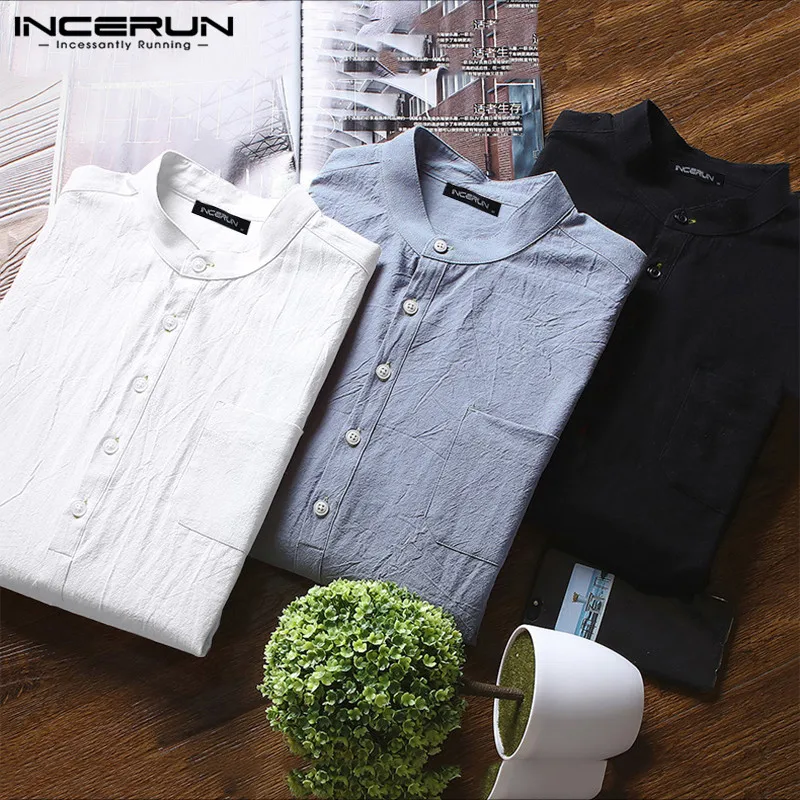 

INCERUN Men Casual Stand Collar Long Sleeve Shirts Business Style Pure Color Slim Pockets Blouse Men's Fashion Tops Camisa 2019