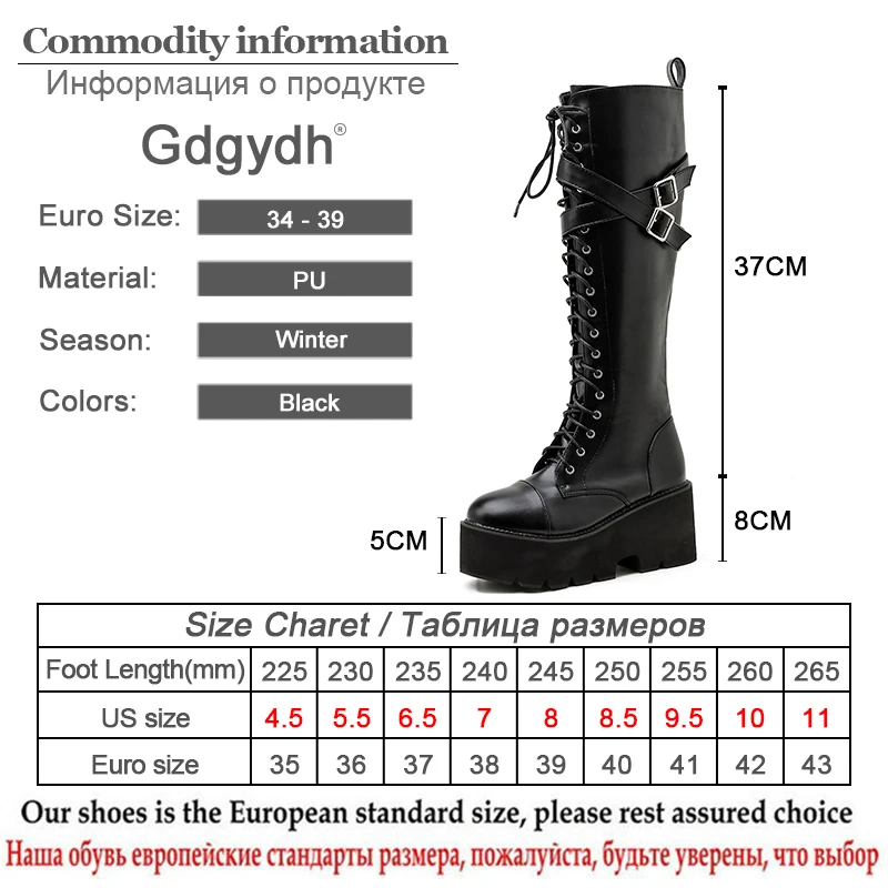Gdgydh Fashion Women Boots Cross Strap PU Leather Autumn Winter Knee High Boots Ladies Thick Sole Platform Shoes Punk Gothic