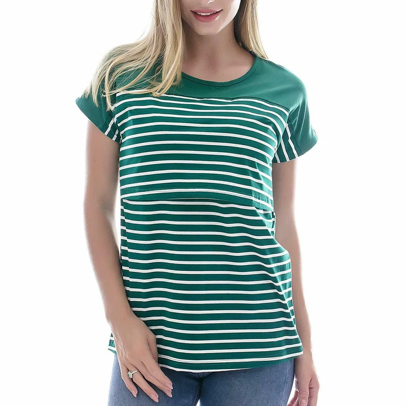 Полосатая Женская одежда для беременных с круглым вырезом и цветочным принтом, топы для кормящих мам, футболка для грудного вскармливания с длинным рукавом - Цвет: Style B Green