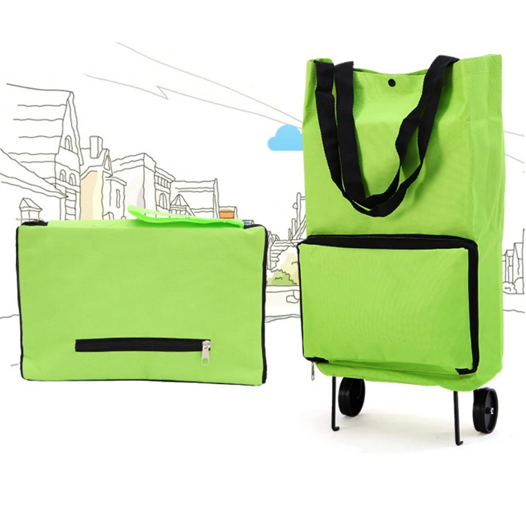 Folding Shopping Bag with Wheels Collapsible Grocery Bag Shopping Cart with Hand-straps Portable Dual-Use Trolley Bag Tug