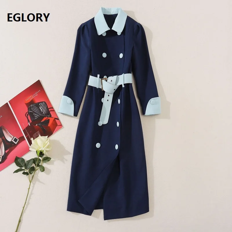 

Elegant Work Dress 2020 Autumn Winter Business Women Turn-down Collar Color Block Button Belt Deco Midi Bodycon Dark Blue Dress