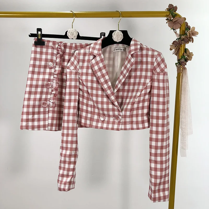 

2019 early autumn ins trendy plaid short section high waist long sleeve suit + high waist skirt suit skirt