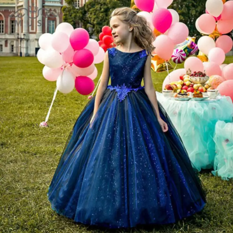 dark blue Новинка; Роскошные платья с цветочным узором для девочек на свадьбу; коллекция года; пышные бальные платья принцессы для девочек; детская одежда; платье; Vestidos Y1999 - Цвет: dark blue