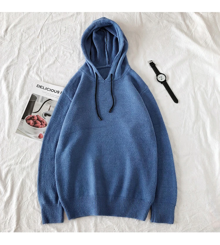 Winter Hooded Sweater Men's Warm Fashion Solid Color Casual Knit Pullover Men Wild Knitting Sweaters Male Sweter Clothes M-2XL