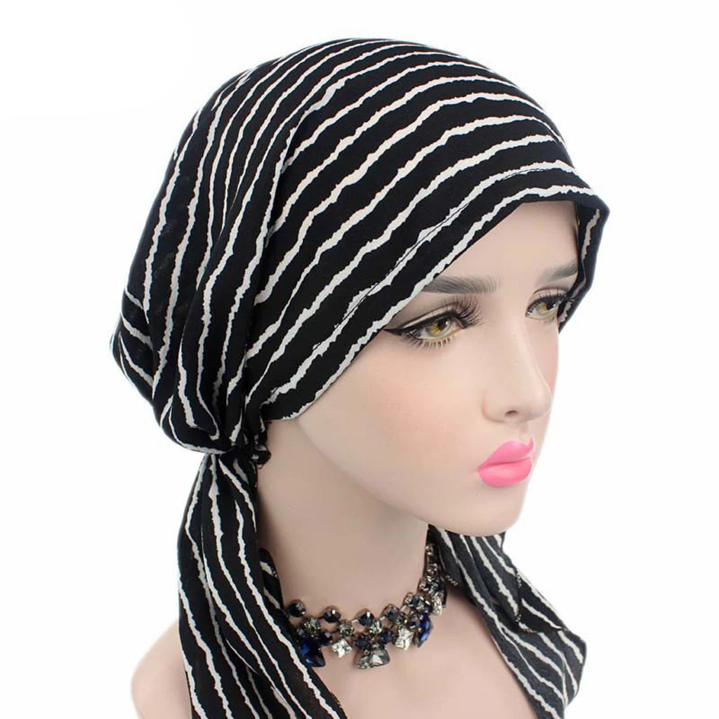 Women's Plaid Cancer Chemo Hat Scarf Turban Head Wrap Cap Beanie Hat women Hijab Pre Tied Ruffle Head Scarves
