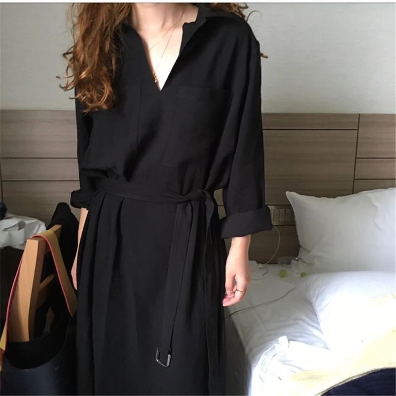 BGTEEVER повседневное черное свободное женское платье-рубашка с длинным рукавом негабаритное женское платье осеннее кружевное длинное платье Vestidos femme