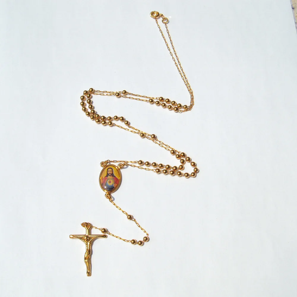 Loyal Men’s/Women’s Cool 14 k Yellow Gold GF Cross/Crucifix Pendant &amp Rosario Rosary Beads Necklace Chain 60CM + 10 CM long |