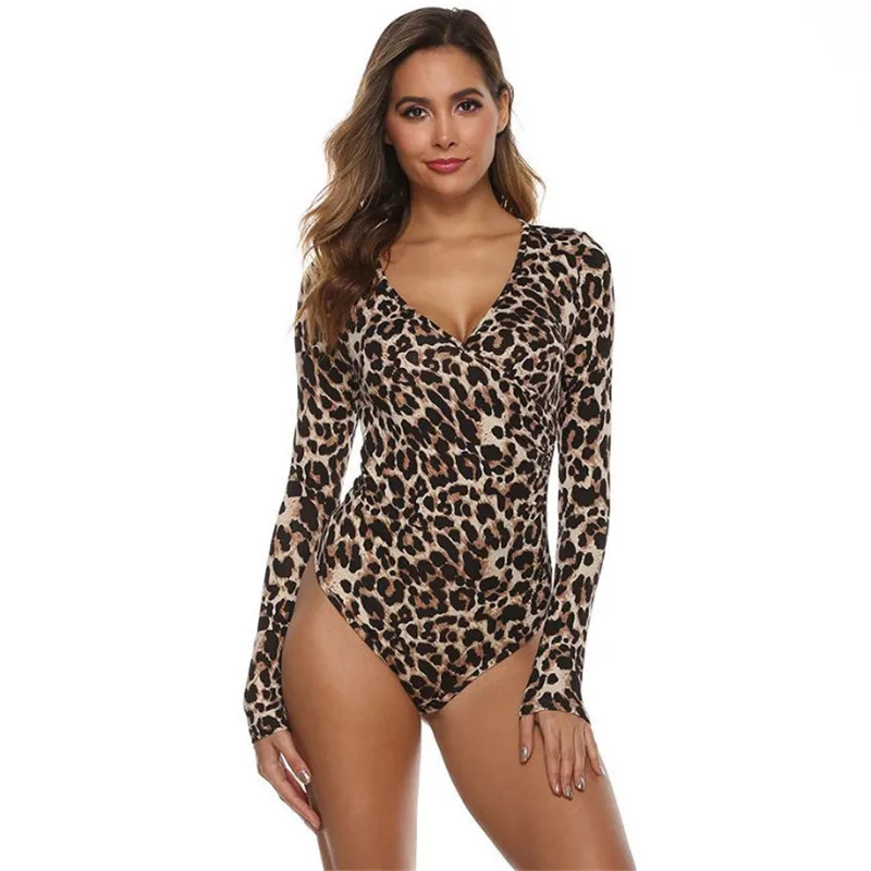 Camiseta de leopardo para mujer, Body elegante de manga larga, Pelele con vendas, Top de oficina, ropa de calle
