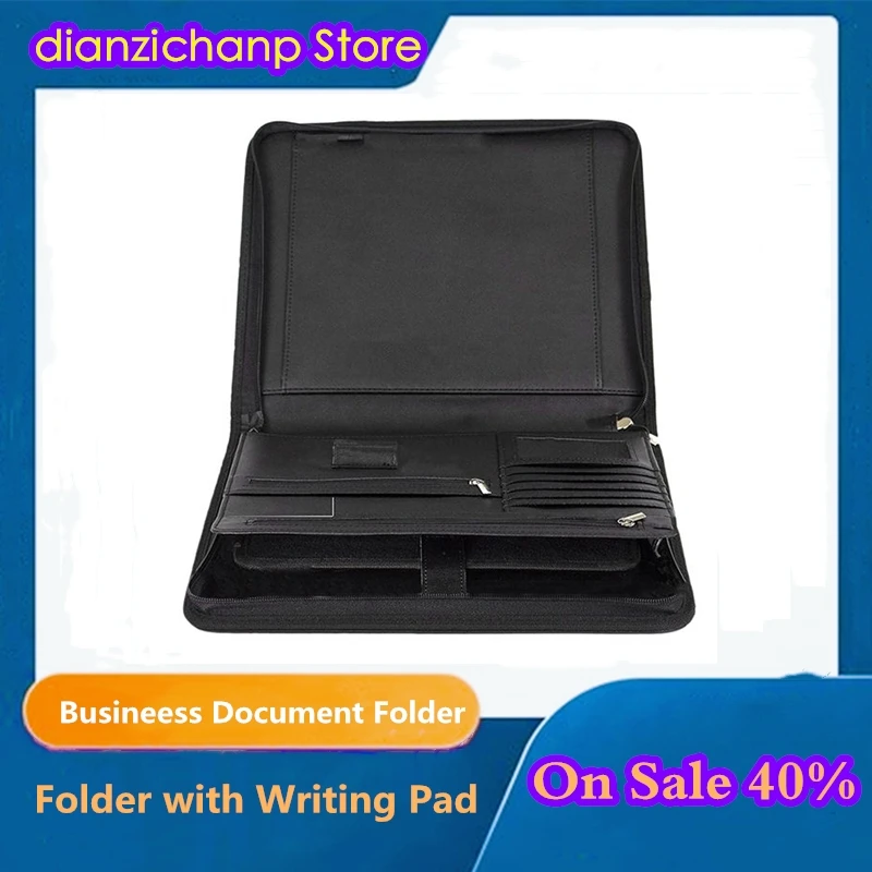 

Leather Document Folder Zippered Multi-functional Organizer For Document with Writing Pad Card Pocket IPad/Table for Business