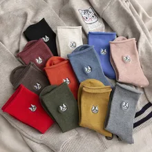 Женские свернутые высокие носки Новые всесезонные модные Мультяшные вышитые котенок серии женские милые удобные дикие носки AA12