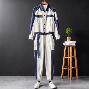 

2020 Jumpsuits Mens Overalls Long Sleeve Patchwork Men Cargo Pants Overalls Tops Trousers Hip Hop Streetwear with Pockets Romper